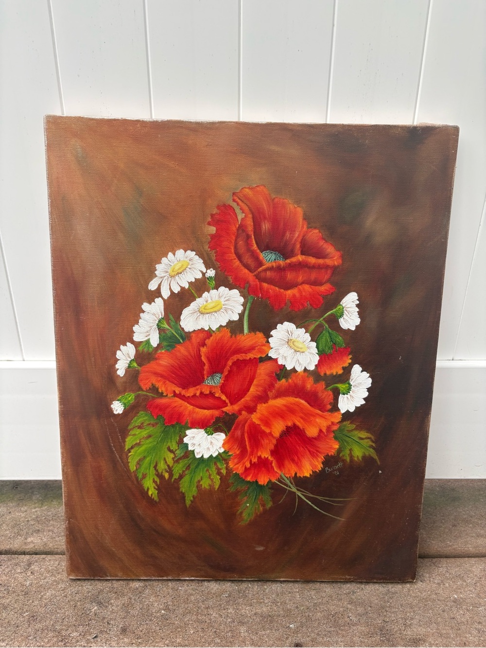 Vintage Signed Handpainted 16x20 Poppy & Daisy Floral Canvas Art
